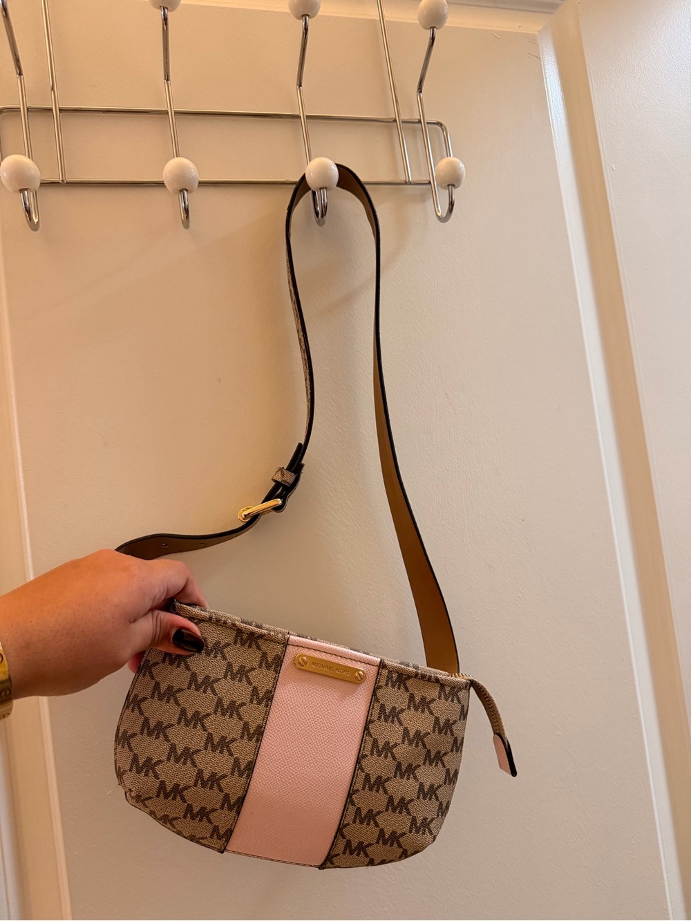 Michael Kors Beige MK Logo Crossbody with Pink Center Panel